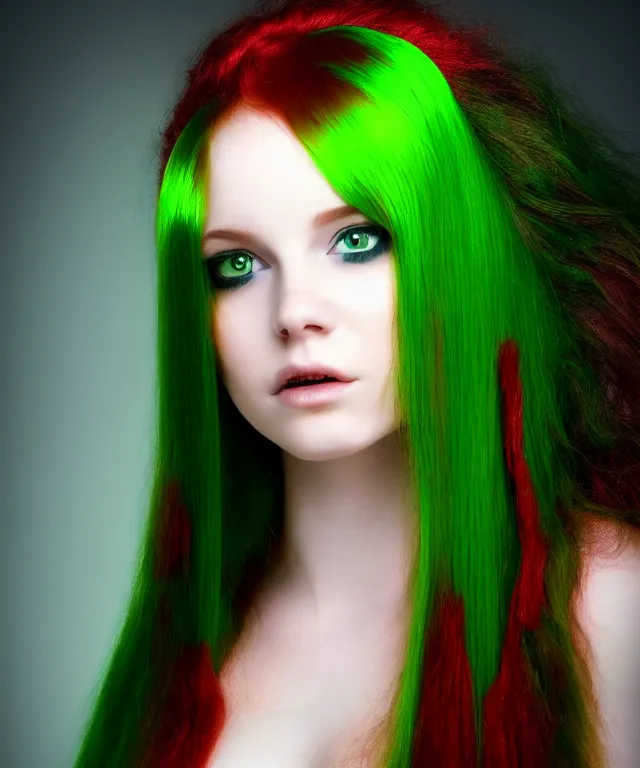 Image similar to Beautiful young woman, Fae, Fantasy, portrait, long red hair, green highlights