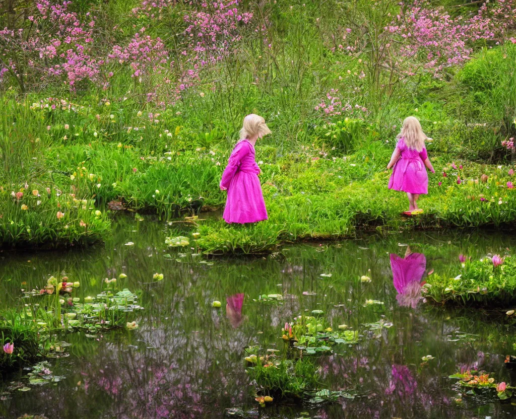 Image similar to a hobbit girl backlit carrying flowers near a mirror like pond, by martin parr, colorful clothing, springtime flowers and foliage in full bloom, lotus flowers on the water, dark foggy forest background, sunlight filtering through the trees, 3 5 mm photography