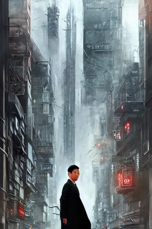 Prompt: Movie poster featuring a young salaryman in a black trench coat walking into through the distorted city, ultra-detailed digital art, Inception-inspired, highly detailed, digital painting, artstation, concept art, smooth, surrounded by a futuristic fantasy background, sharp focus, illustration, art, symmetry masterpiece by greg rutkowski and stephan martiniere