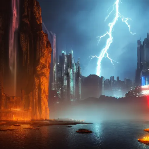 Prompt: a fantasy city with waterfalls gothic cyberpunk, cinematic lightning, clouds epic ultrawide