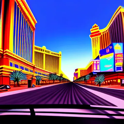 Prompt: las vegas in the future, city streets, golden hour, perspective artwork, photorealism