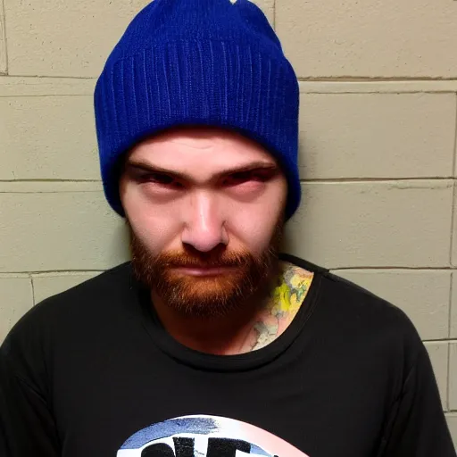 Image similar to close-up a 25 year old man wearing a black winter hat and a orange jail inmate tshirt, inside a underground facility, blue eyes, hideous, side lighting