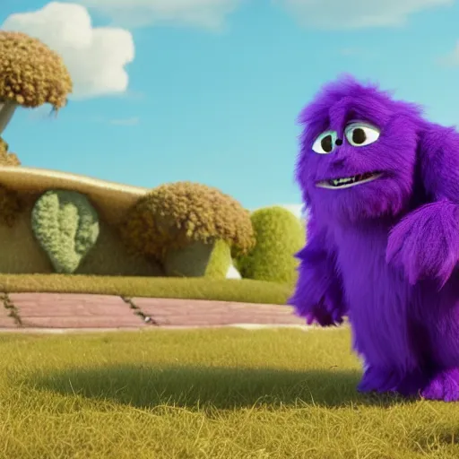 Image similar to a purple fluffy monster, adorable and cute, pixar, octane render, 4k