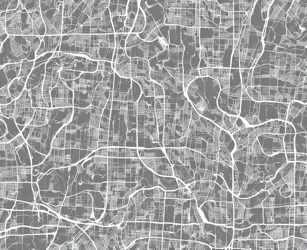 Prompt: Muted White on Grey Vector streets map of a little town with numerous little red circles marked