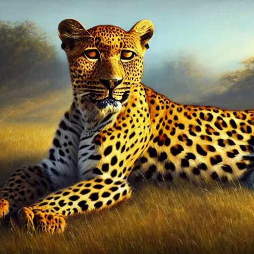 Prompt: graceful leopard in summer nigt, beautiful colour palette, oil paint on canvas, sharp textures, biotechnology, nikolay georgiev, alex ross, bruce pennington, donato giancola, larry elmore, masterpiece, trending on artstation, featured on pixiv, cinematic composition, sharp, details, hyper - detailed, hd, hdr, 4 k, 8 k