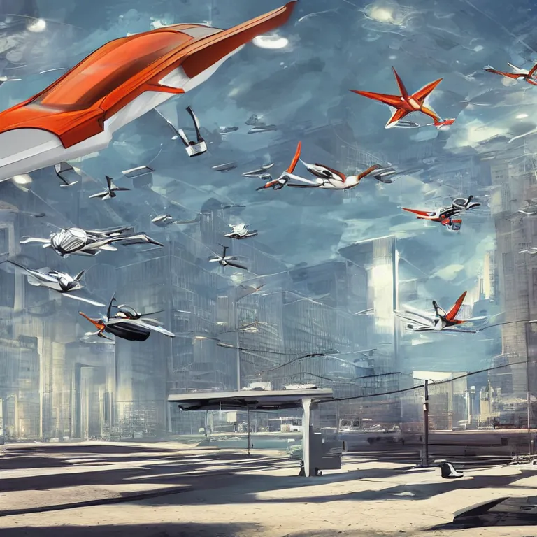 Image similar to flying cars in the city some stop at stations, concept art