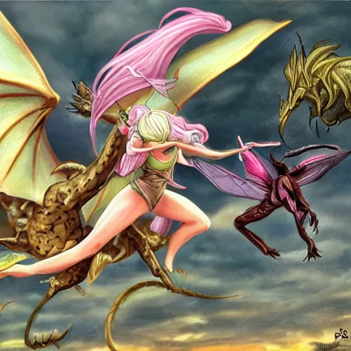Image similar to flying fairy fighting against dragon demon