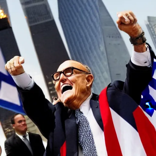 Image similar to a closeup of Rudy Giuliani waving an Israeli flag while laughing hysterically on top of the world trade center rubble pile in new york