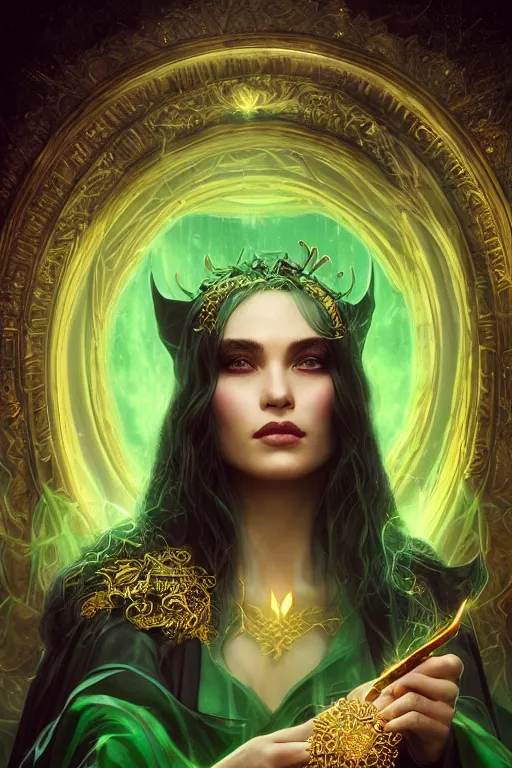 Prompt: a close - up profile portrait of a beautiful sorceress wearing a black robe with gold embroidery, casting a spell, green glows, painted by artgerm and tom bagshaw, highly detailed digital art