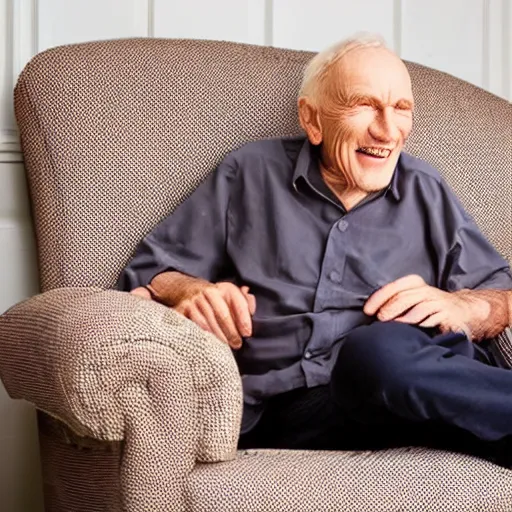 Image similar to a smiling old man sitting on a couch wearing the same fabric as the couch