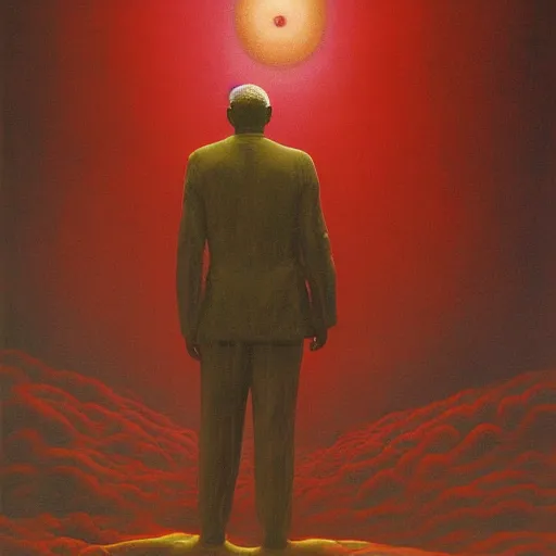 Image similar to barack obsma as a zdzisław beksinski painting, surreal, godlike, red shading
