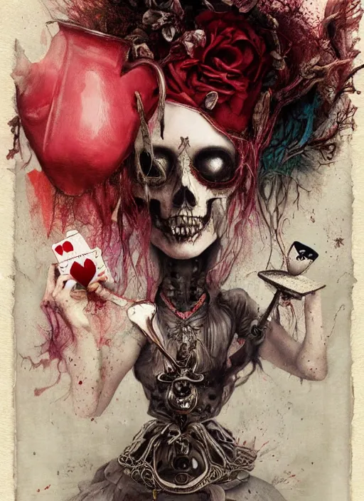 Image similar to Queen of Hearts drinking tea with Alice in wonderland,death tarot card,highly detailed,half skull face,cinematic,8k,by Stanley Artgermm,Tom Bagshaw,Greg Rutkowski,Carne Griffiths, Ayami Kojima, Beksinski, Giger,trending on DeviantArt,hyper detailed,horror, full of colour