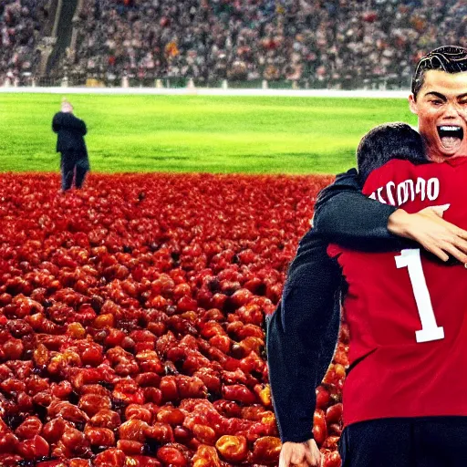 Image similar to christiano ronaldo crying while hugging leonardo decaprio. standing on the moon on a field of tomatoes. high definition. award winning. high resolution