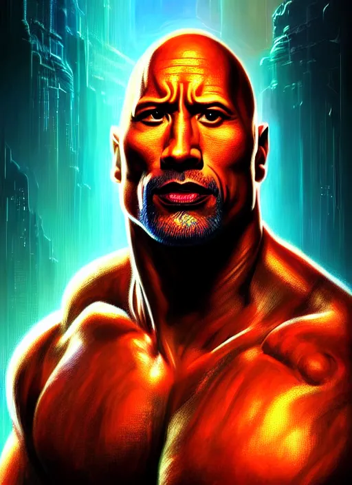 Image similar to portrait of dwayne johnson as cyberpunk shiva god of destruction, intricate, elegant, glowing lights, highly detailed, digital painting, artstation, glamor pose, concept art, smooth, sharp focus, illustration, art by artgerm and greg rutkowski, artey freytag