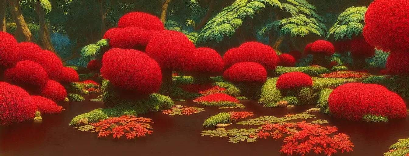 Image similar to a gorgeous very early spring series of lush islands separated by flower - lined streams, twisted gardens, flowers, fern fronds, all red, painting by barlowe wayne maxfield parrish and marco mazzoni. very little light verdancy. ultra clear detailed. all foliage is red. 3 d, octane render