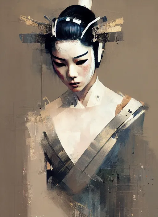Prompt: female geisha robot, rule of thirds, intricate outfit, spotlight, by greg rutkowski, by jeremy mann, digital painting
