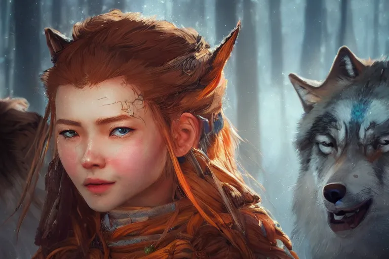 Prompt: photo of Aloy surrounded by happy wolves, highly detailed, photorealistic, reflections, smooth, sharp focus, concept art, illustration, beautiful, geometric, trending on artstation, cinematic, featured on behance , artwork by WLOP and Tran, Ross