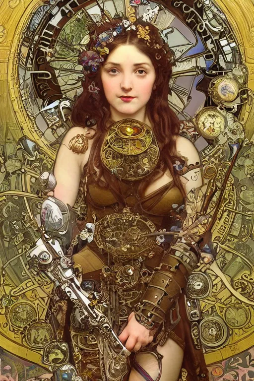 Prompt: beautiful portrait of a sexy steampunk warrior schoolgirl wearing a detailed armour of jewels and gold bugs and giant fantasy beetles an orc by her side surrounded by art nouveau mushrooms and vegetation , huge mechanical clocks, intricate details, realistic shaded , steampunk, highly detailed, artstation, pretty pretty face, illustration by alphonse mucha and Greg Rutkowski and Ruan Jia and bouguereau, art nouveau, octane render