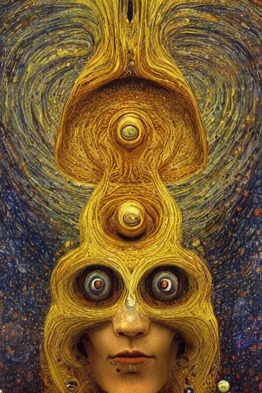 Prompt: The Ergot Spore by Karol Bak, Jean Deville, Gustav Klimt, and Vincent Van Gogh, otherworldly, fractal structures, arcane, prophecy, ornate gilded medieval icon, third eye, spirals