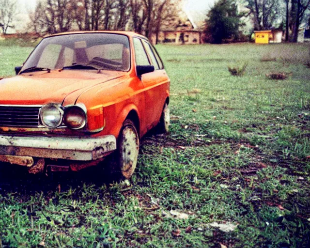 Image similar to a lomographic photo of old lada 2 1 0 7 standing in typical soviet yard in small town, hrushevka on background, cinestill, bokeh