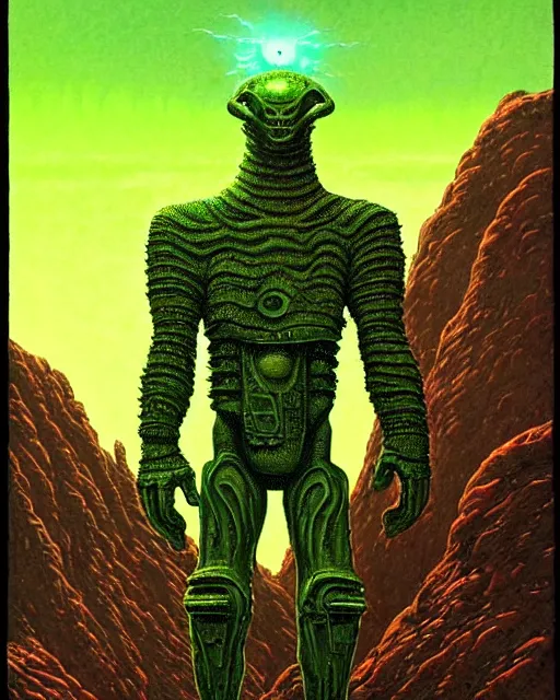 Image similar to portrait giant green humanoid with his fist up, brown armor, background ancient alien landscape, low angle, close up, concept art, intricate details, highly detailed, sci - fi poster, future, sci - fi art, in the style of chris foss, rodger dean, moebius, michael whelan, and gustave dore