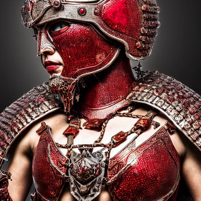 Image similar to full body photo of a beautiful strong warrior queen wearing ruby encrusted armour, highly detailed, 4 k, hdr, smooth, sharp focus, high resolution, award - winning photo