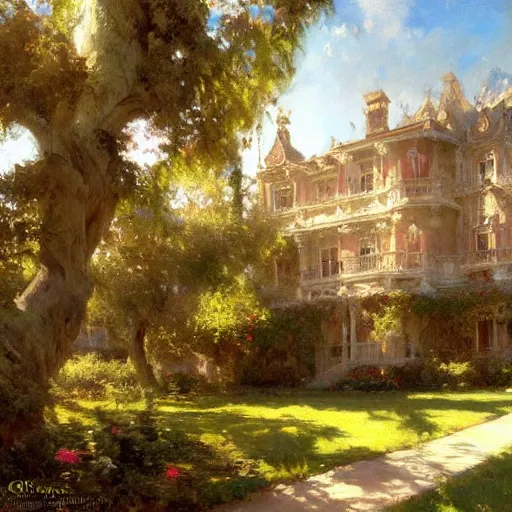 Prompt: detailed cinematic wide shot of mansion, ultra realistic, spring light, painting by gaston bussiere, craig mullins, j. c. leyendecker