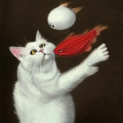 Prompt: white cat with a fish head