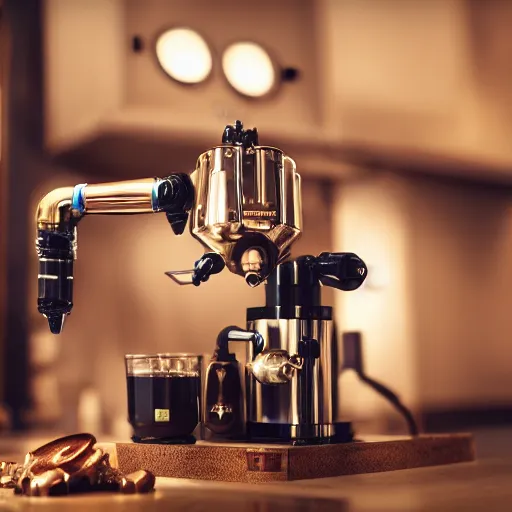 Prompt: dslr photo of a steampunk robotic espresso machine with small scientific gears, android coffee shop, 4 k, photorealistic, octane render, unreal engine, cafe lighting, cinematic, by ridley scott,