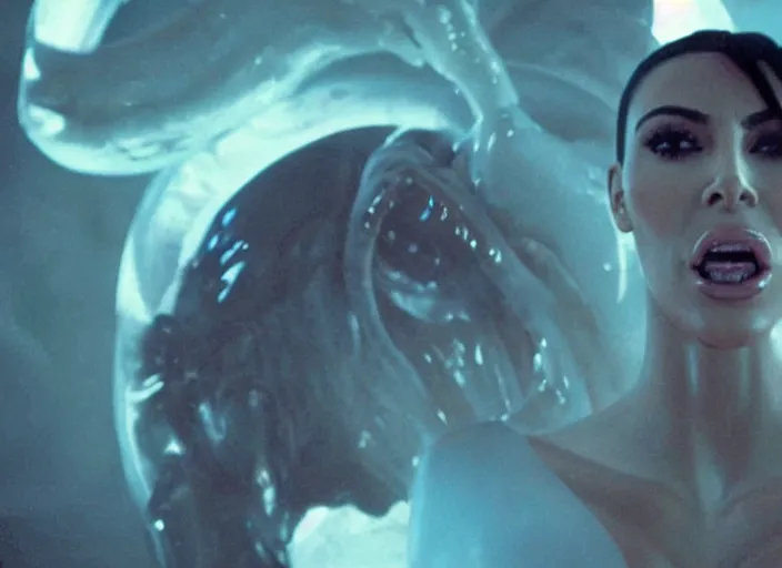 Image similar to film still of kim kardashian being ingested by an xenomorph, alien goo, transparent goo, transparent liquid, saliva, 8 k