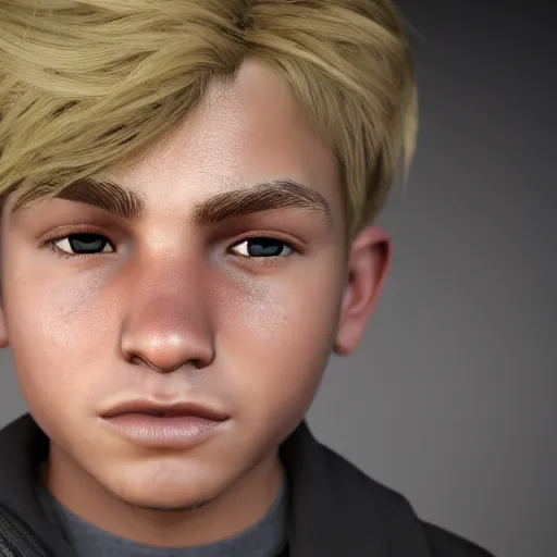 Image similar to detailed face of boy with blonde hair and brown eyes, unreal engine 5 rendered, incredibly highly detailed and realistic, 8 k, sharp focus, studio quality