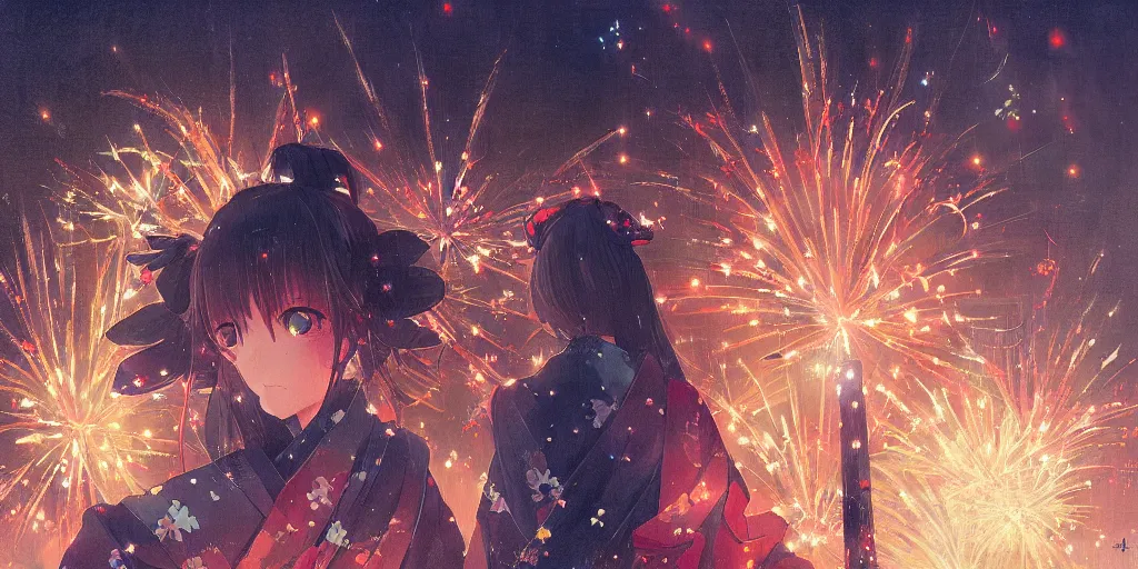 Prompt: anime kyoto animation key by greg rutkowski night, fireworks festival, kimono