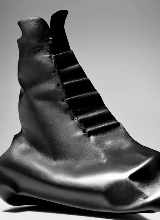 Image similar to hyperrealistic and heavy detailed product photo rick owens avant garde shoe of batman, in front of white back drop, whole shoe is in picture, leica sl 2 5 0 mm, vivid color, high quality, high textured, real life