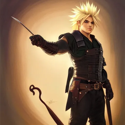 Image similar to Danny DeVito as Cloud Strife, western, D&D, fantasy, intricate, elegant, highly detailed, digital painting, artstation, concept art, matte, sharp focus, illustration, art by Artgerm and Greg Rutkowski and Alphonse Mucha