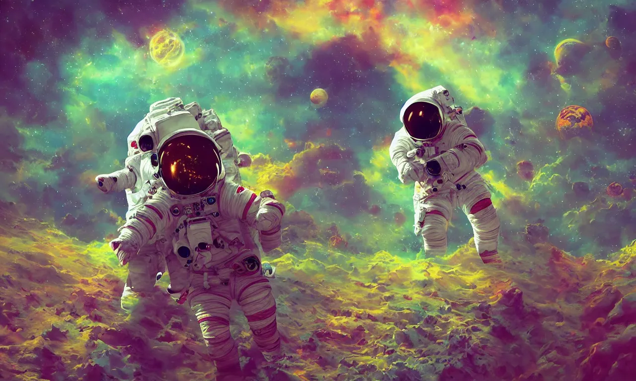 Prompt: beautiful picture of an astronaut wandering in a strange and colorful world, highly realistic, trending on Artstation