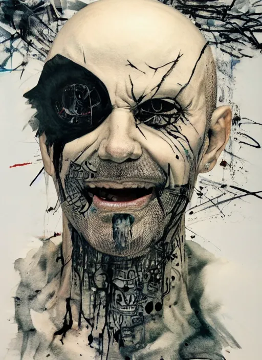 Image similar to a bald man with nails inserted into his two eyes, tattos around eyes, wide evil grin, painting, by greg ruthowski, yoshikata amano, yoji shinkawa, alphonse murac, collaborative artwork, beautifully drawn, heavily detailed