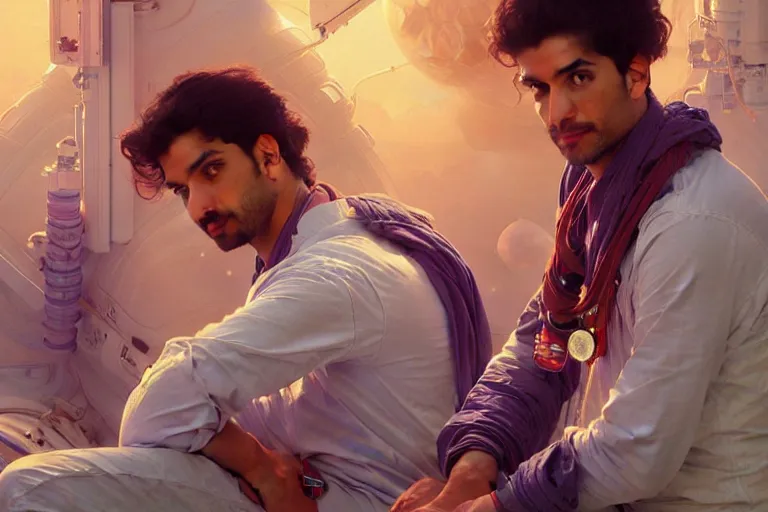 Image similar to Sensuous good looking pale young Indian doctors wearing jeans in a space station above Earth, portrait, elegant, intricate, digital painting, artstation, concept art, smooth, sharp focus, illustration, art by artgerm and greg rutkowski and alphonse mucha