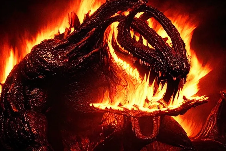 Image similar to movie still, enormous balrog roaring fire at the bridge of khazad - dum, style of h. r. giger, fiery, dark, realistic movie still, cinematic, cgi,