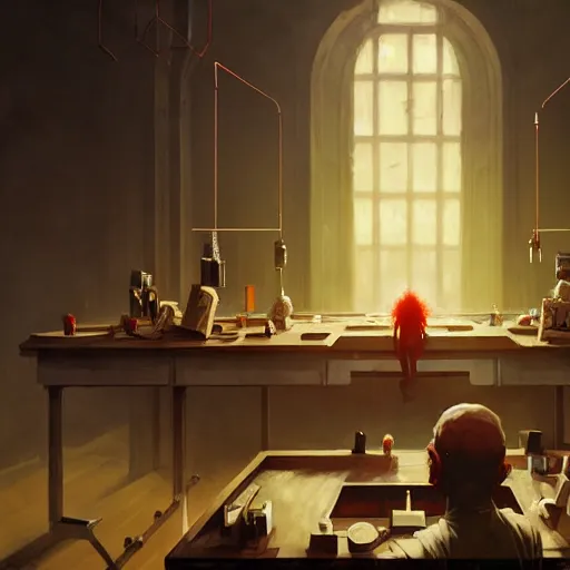 Prompt: symmetry!! mad scientist conducting an experiment by otto dix and greg rutkowski and andreas rocha, cinematic lighting, highly detailed, warm colours, 4 k -