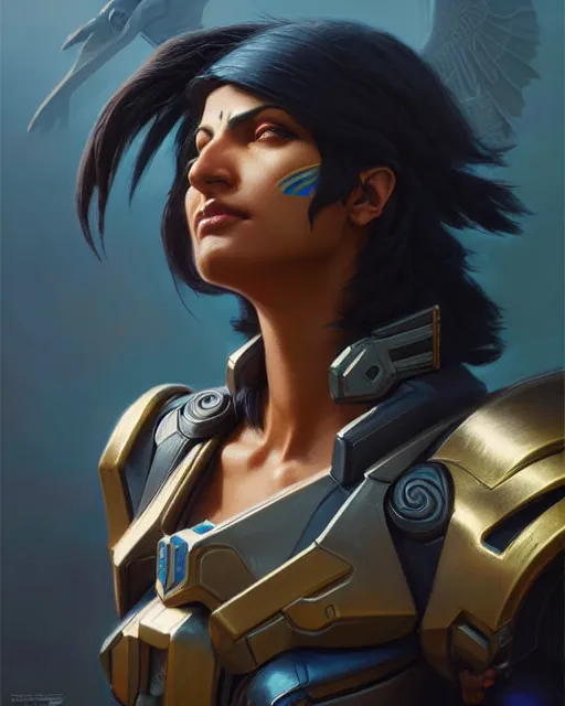 Image similar to pharah from overwatch, character portrait, concept art, intricate details, highly detailed by greg rutkowski, michael whelan and gustave dore