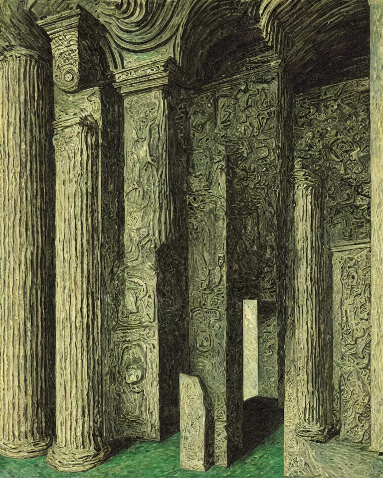 Prompt: achingly beautiful painting of intricate ancient giger columns and epic giger door on jade background by rene magritte, monet, and turner. giovanni battista piranesi. giuseppe sacconi, ettore ferrari, manfredo manfredi, gaetano koch, pio piacentini