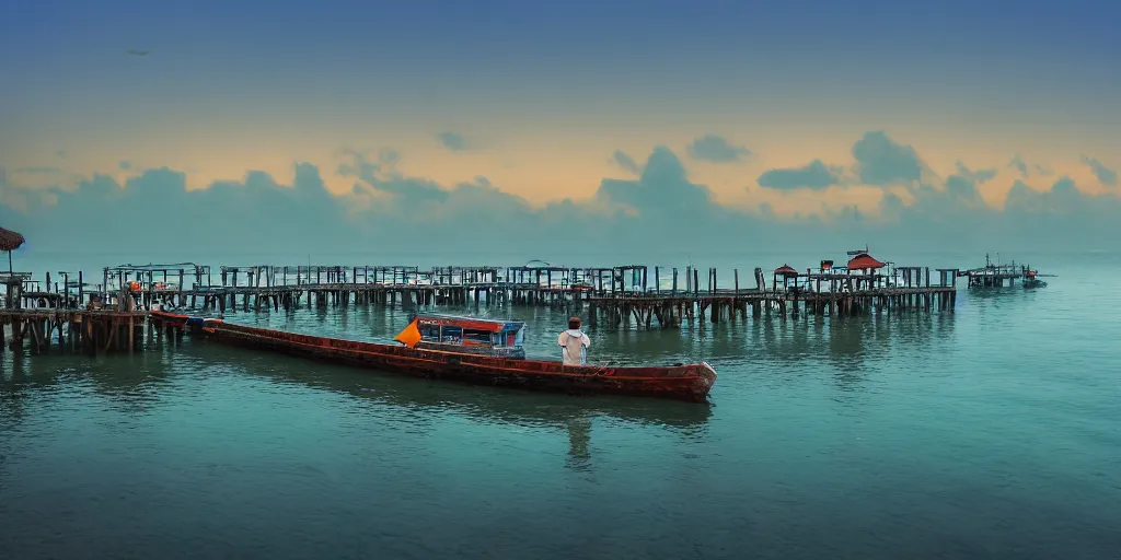 Image similar to pulau indah jetty fishing town in the morning, detailed matte painting, telephoto lens, bokeh, studio ghibli, artstation