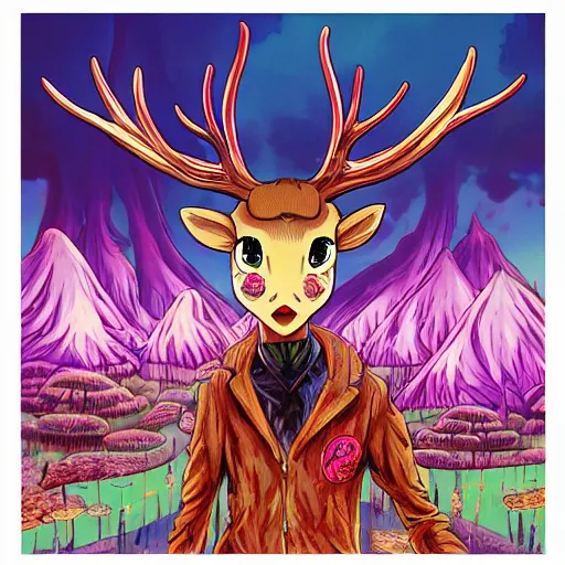 Image similar to anime 4 k headshot portrait of a psychedelic demonic anthropomorphic deer with mushroom themed clothes, magic mushroom village in background by jeff easley, award winning, stylized neon, post - processing, masterpiece, superb resolution. in the art style of junji ito and greg rutkowski. detailed mushroom city in background. hyper realistic anime. perfect art. dalle 2