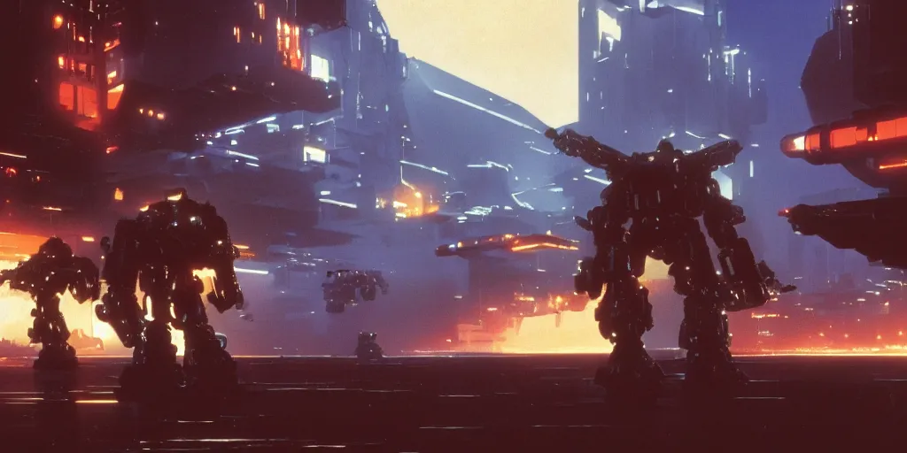 Image similar to Film still of mechwarrior designed by in battle in Tokyo at night by syd mead, Scott Robertson, james cameron, octane, 4k