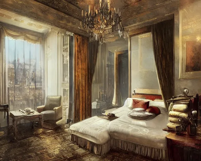 Prompt: a luxury hotel! suite room in the style of shakespearean! london!, art by greg rutkowski and artgerma, stunning! concept art, interior! design