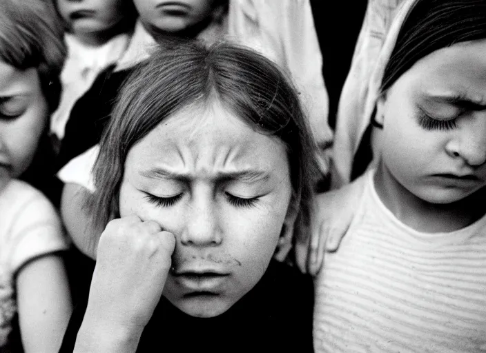 Prompt: high resolution black and white portrait with a 5 0 mm f / 1. 4 lens of russian children with their eyes closed in grief in 1 9 8 4.