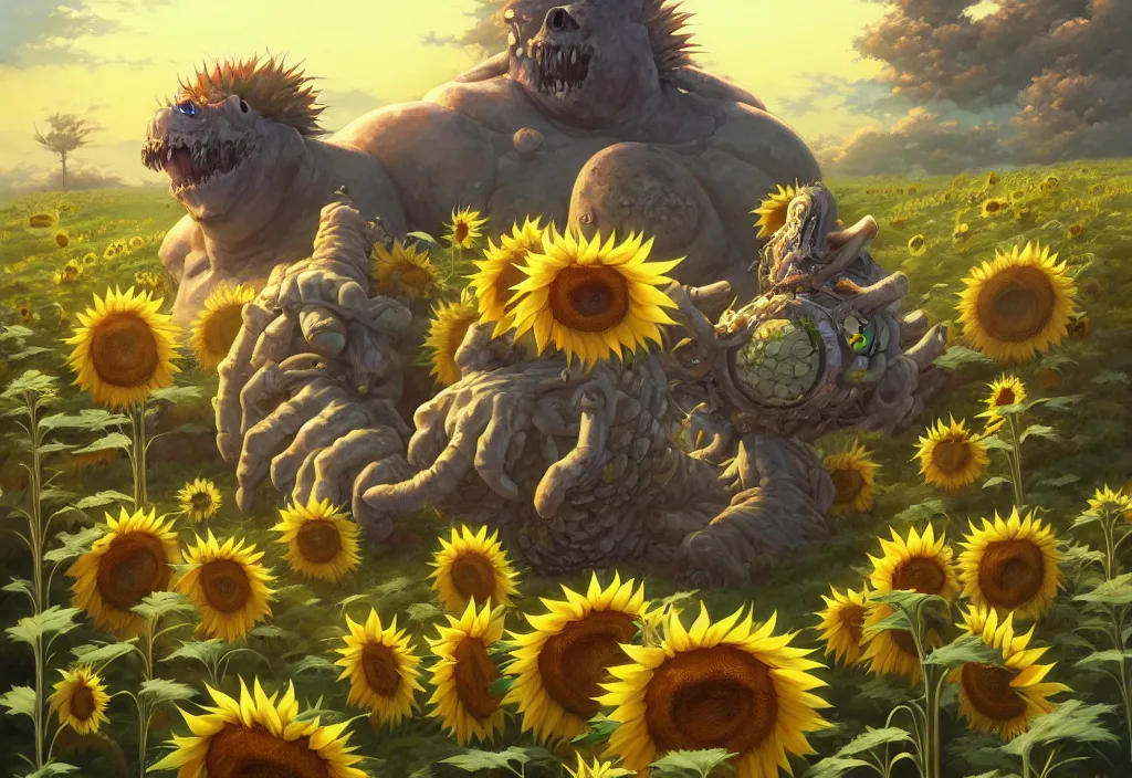 Image similar to chubby giant monster bones in the countryside with sunflower in the foreground, intricate oil painting, high detail illustration, sharp high detail, manga and anime 1 9 9 9, official fanart behance hd artstation by jesper ejsing and makoto shinkai, 4 k,