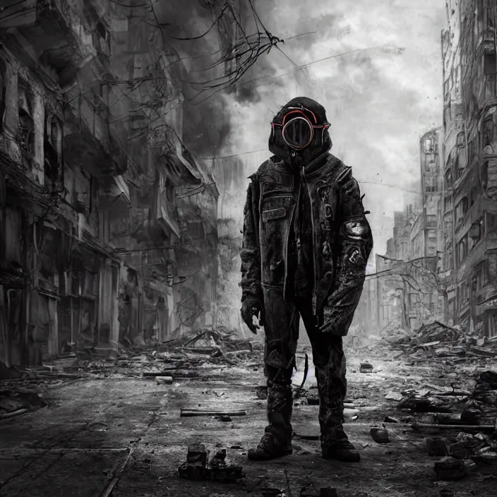 Image similar to gritty hooded apocalyptic man in gas mask standing in street of destroyed city, hyper - detailed, smooth, sharp focus, 4 k ultra hd, fantasy dark art, apocalyptic art