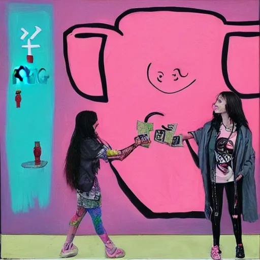 Image similar to “tall queer woman with long pink hair and a tall emo girl near a weedy pig eating money, capitalism, acrylic and spray paint and oilstick on canvas, neoexpressionism”