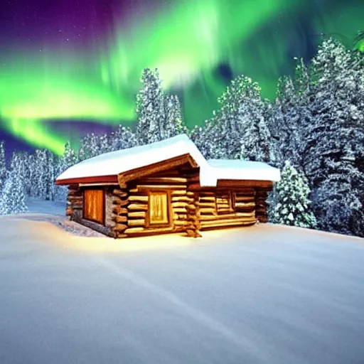 Image similar to a small log cabin in a snow covered, mountainous landscape below a night sky displaying the northern lights, trending on artstation